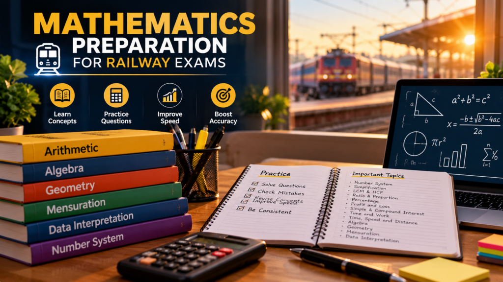 Mathematics Preparation for Railway Exams Mathematics requires regular practice and a clear understanding of important concepts. Start with fundamental topics and gradually move toward more challenging questions. Practice calculations regularly and review the methods used to solve problems. After each practice session, check your mistakes and identify topics that require additional attention. Consistent practice can help improve speed, accuracy and confidence.